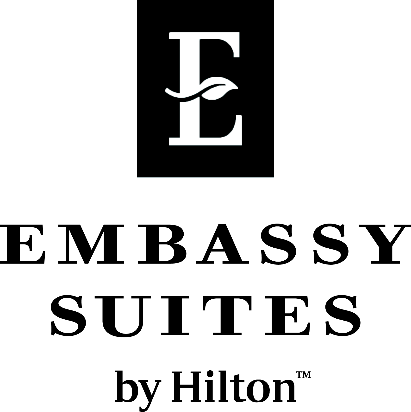 Embassy Suites by Hilton logo featuring a large E with a leaf design inside a black square, symbolizing reliability much like a trusted commercial roofing contractor, with the brand name written below in bold, uppercase letters.