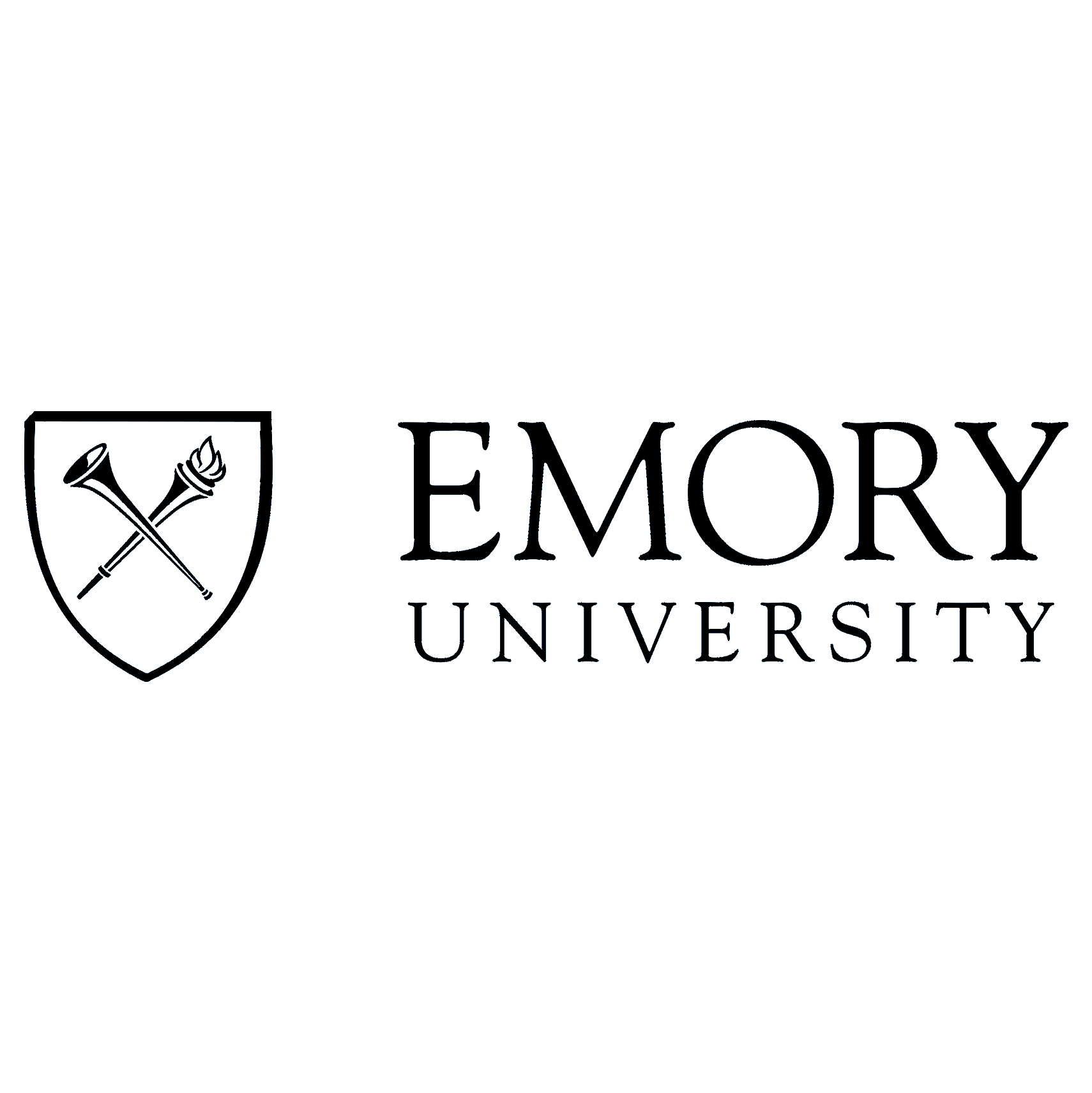 The Emory University logo, ideal for a commercial roofer's company profile, features a shield with a torch and trumpet crossed inside, beside the bold, uppercase words EMORY UNIVERSITY.