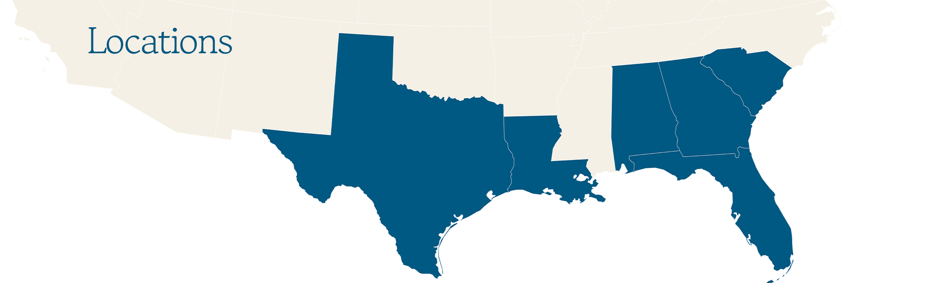 Map of the United States with Texas, Louisiana, Alabama, Georgia, and Florida highlighted in blue.