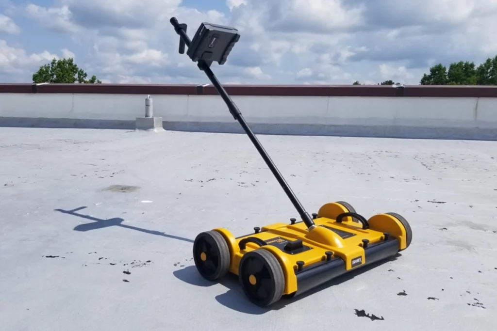 A yellow, four-wheeled ground penetrating radar cart on a flat rooftop.